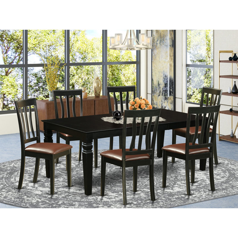 Ensemble de table de salle à manger 6 pièces moderne comprenant une table rectangulaire en bois avec feuille papillon et 4 chaises de salle à manger en similicuir avec banc, noir
