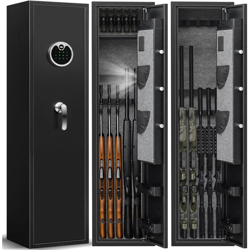 Coffre-fort pour armes à feu 5 à 6, accès rapide avec clavier rétro-éclairé, verrou pour armes à feu et fusils, grande armoire avec tablettes amovibles et supports réglables