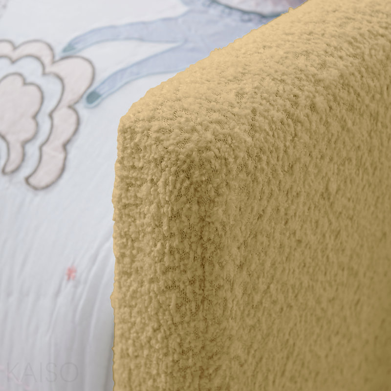 Lit plateforme tapissier simple avec tête de lit mignonne en forme d'oreille de lapin, avec barrière de sécurité et poche, tissu bouclé