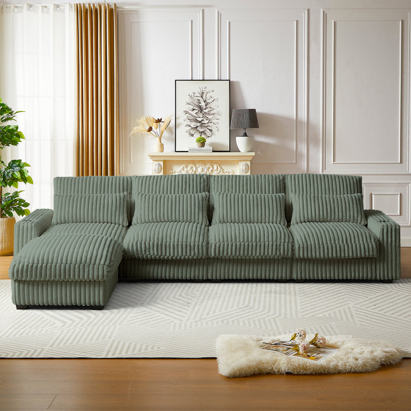 Arlynda 126"W Luxury Corduroy Modular Chaise Lounge RAF LAF Sectional, Ottoman, USB Port, Cup Holders, Navy Green Corduroy