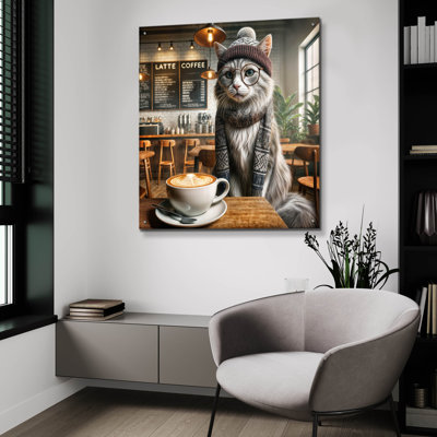 'Hipster Cat In Coffee Shop' by Rey Klimt Acrylic Glass Wall Art