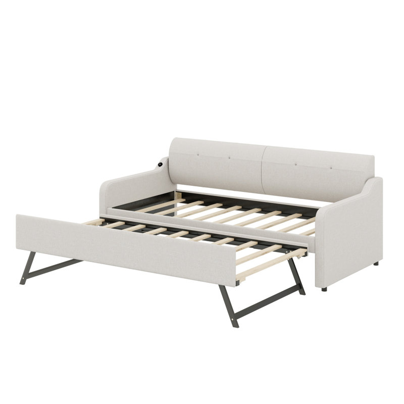 Upholstery Daybed With Trundle And USB Charging Design,Trundle Can Be Flat Or Erected, Beige