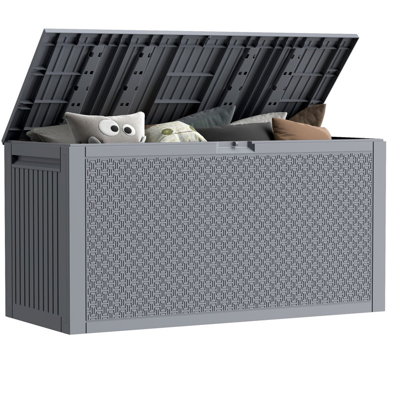 EHHLY 90 Gallon Outdoor Storage Box, Lockable Package Outside Storage Box Waterproof, Patio Cushions Deck Storage Boxes, Rattan Plastic Garden Hose Containers Resin Pool Storage Bins with lids
