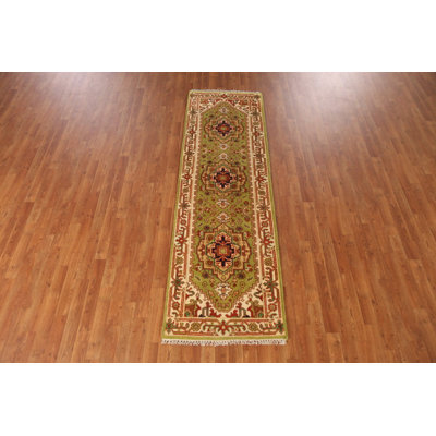 Light Green Traditional Indian Runner Rug 3x8