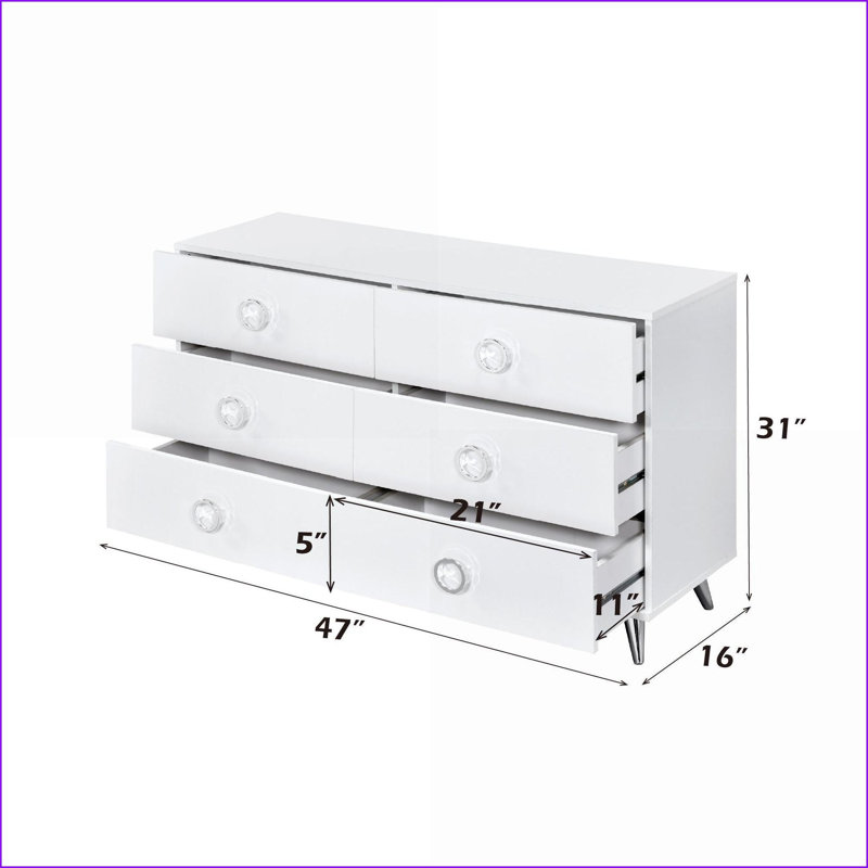 Commodes, blanc moderne à 6 tiroirs avec glissières en métal Pieds chromés | Blanc | Bois synthétique