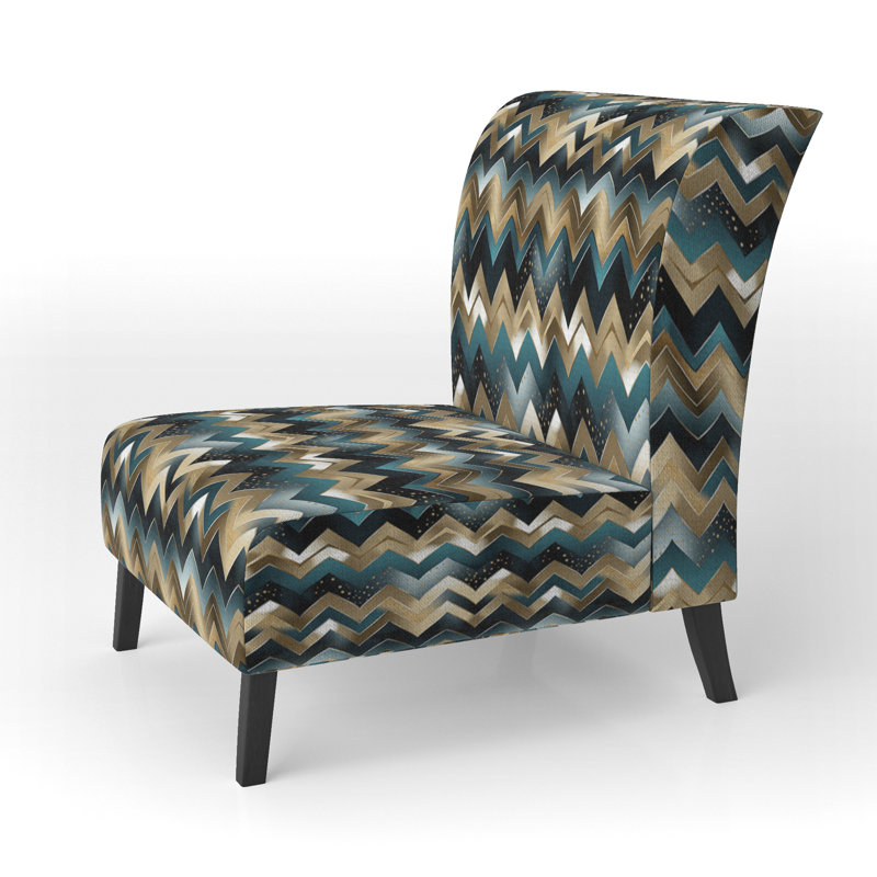 Geometric Harmony Chevron Pattern - Upholstered Abstract Accent Chair and Arm Chair, Gold/Teal Polyester Blend