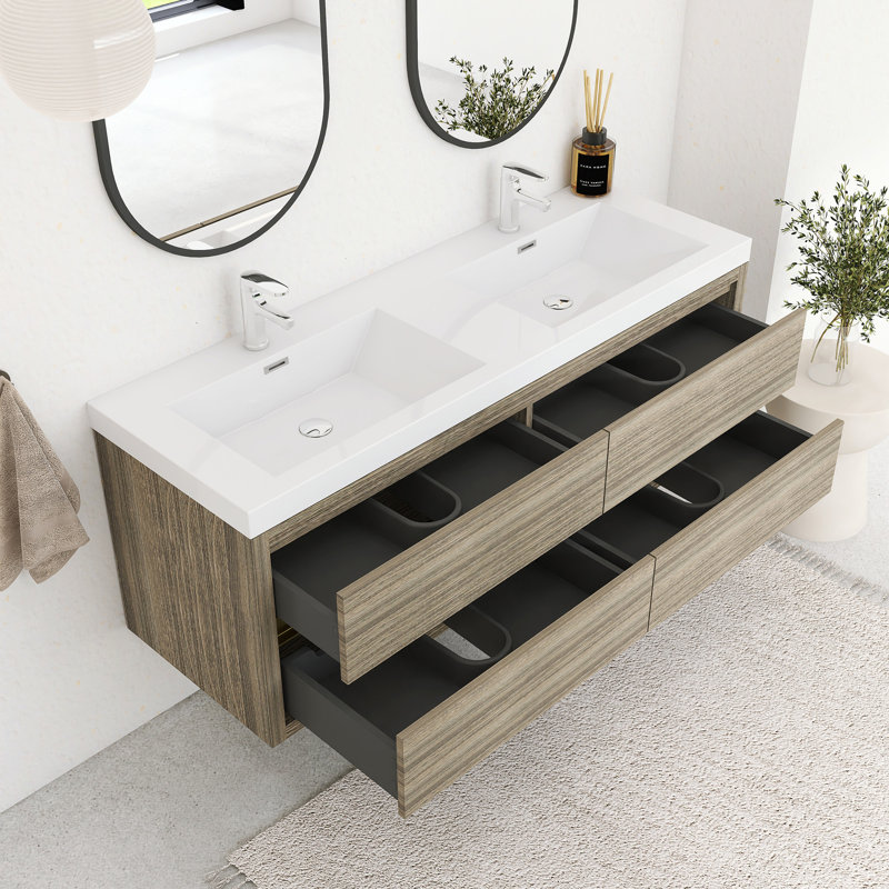 Ensemble de meuble-lavabo mural 60 po avec double lavabo double en résine, Bois de frêne gris, 60"