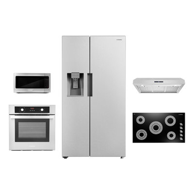 5 Piece Kitchen Package with Side by Side Refrigerator & 36" Electric Cooktop & Wall Oven
