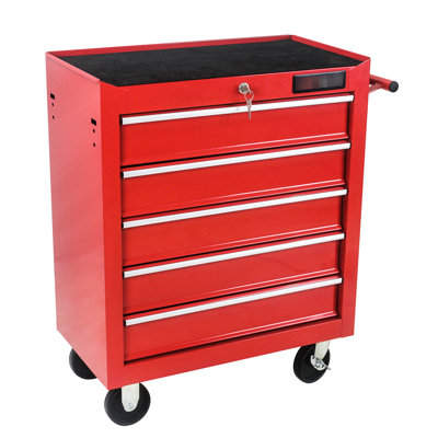 5 Drawers Garage Tool Storage With Locking System & Movable Wheels - Red Steel Cabinet For 5 Chest And Transportable Organization In
