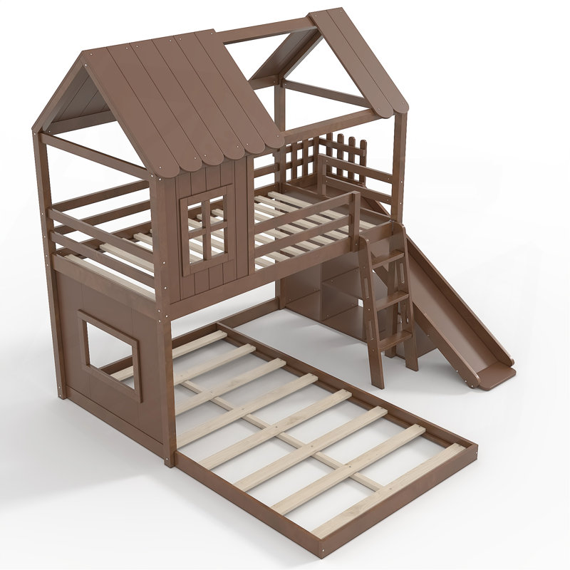 Lit superposé simple au-dessus d'une chambre double avec échelles et glissoires, lit superposé au sol avec étagères de rangement et garde-robe, conception de maisonnette