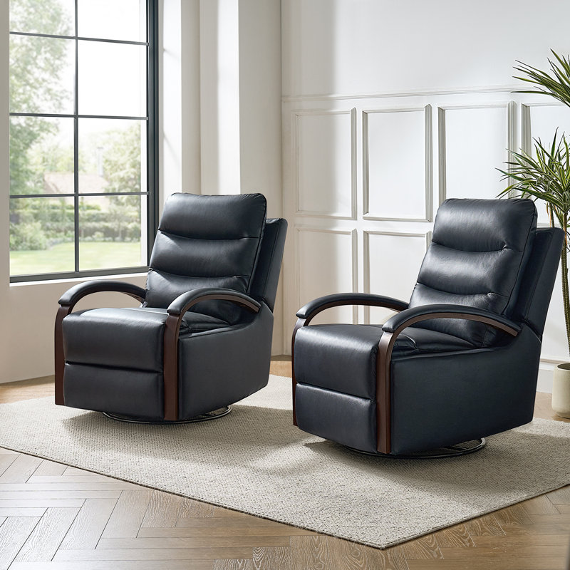 Azilda 29" Wide Genuine Leather Manual Swivel Rocking Standard Recliner, Navy