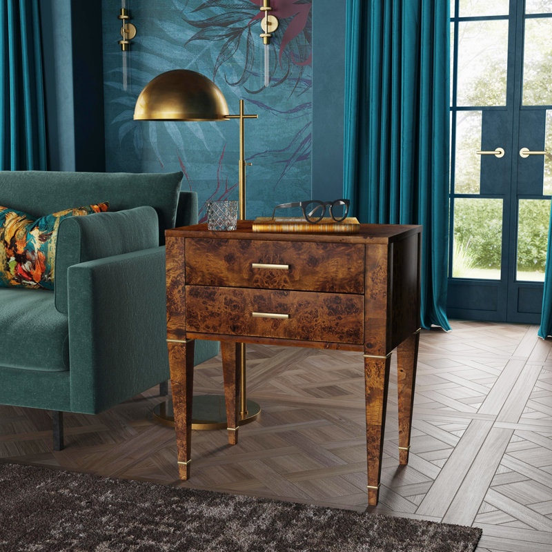 Kai 2 Drawer End Table, Honey Burl