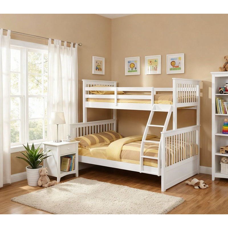 Lit superposé simple au-dessus d'un lit double en bois massif Sofren, Blanc