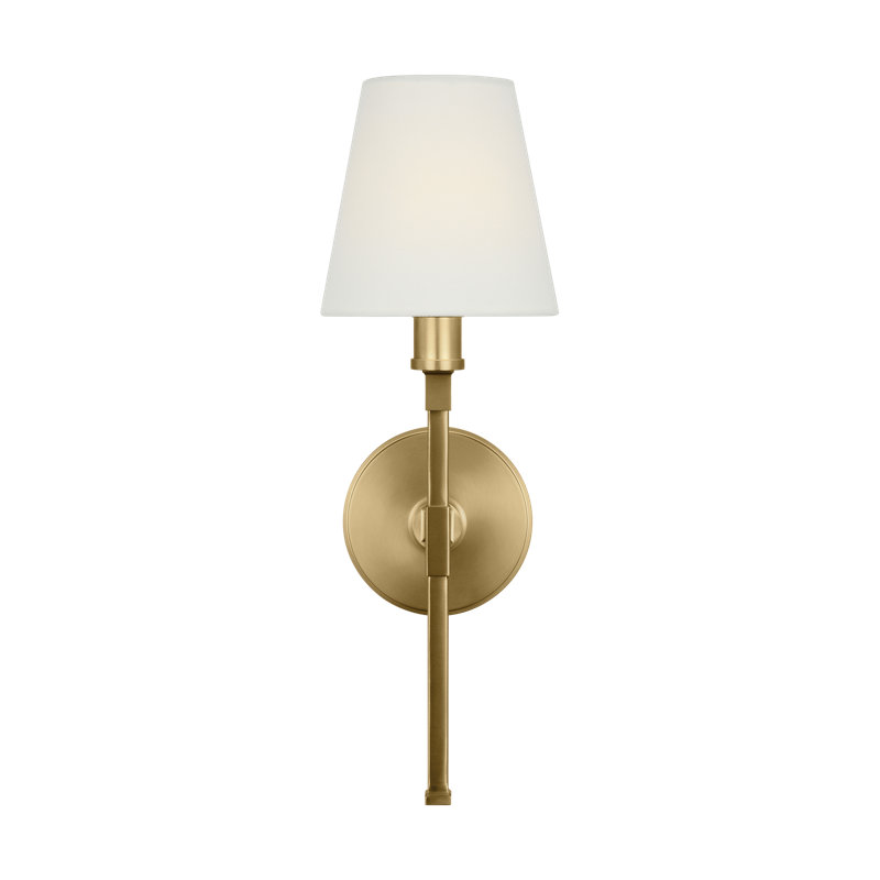 Transitional 1-light Wall Bath Fixture in Burnished Brass finish with white linen fabric shade