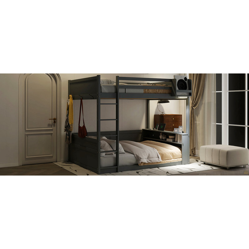 Grand lit superposé en bois avec tablettes intégrées, boîte de rangement, lumière DEL et station de charge USB, Gris