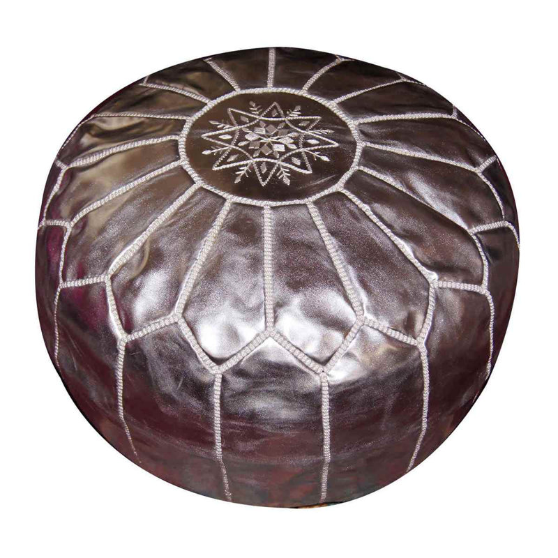 Handmade Moroccan Leather Round Pouf Ottoman Large Aviles, Silver Genuine Leather