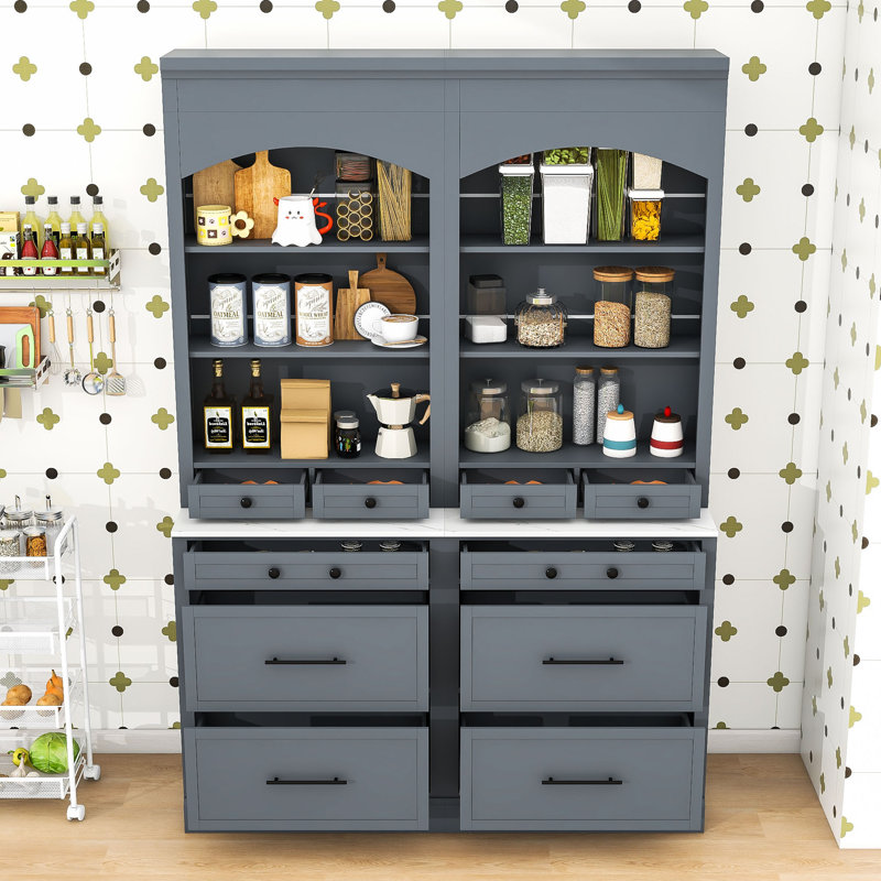 Ensemble de 2 grands garde-manger autoportants avec tablette réglable, plateau en faux marbre et tiroirs, Gris, Noir