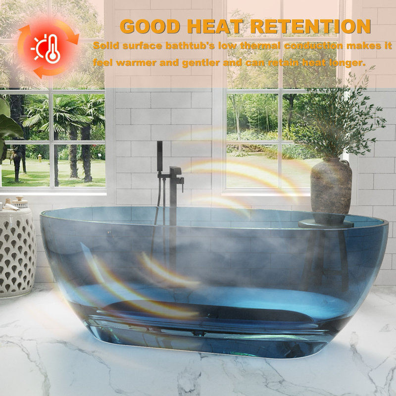 63 In. X 29 In. Solid Surface Freestanding Flatbottom Soaking Bathtub in Transparent Blue, Blue