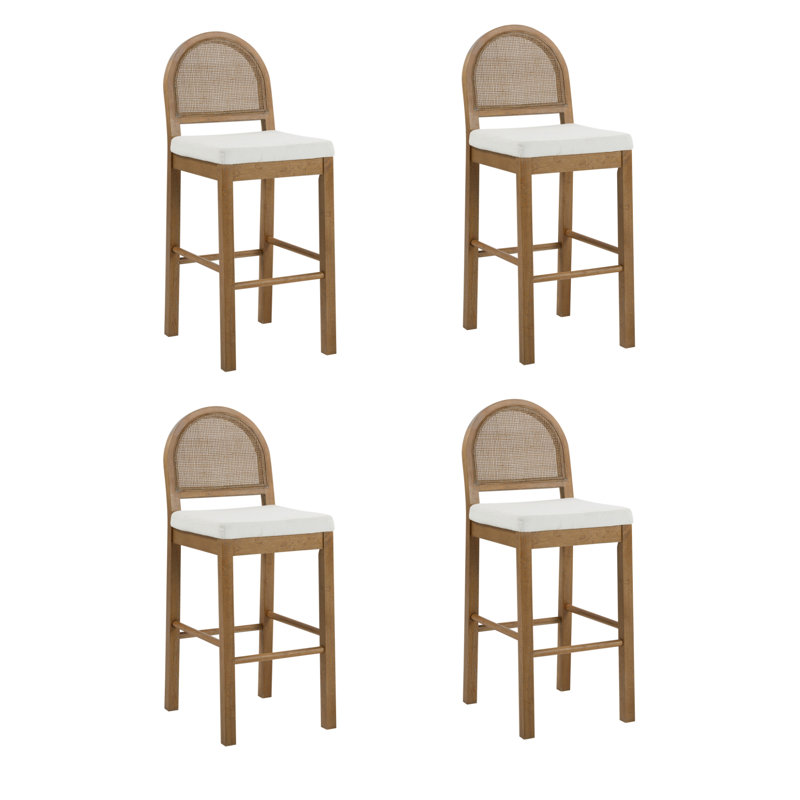 Bailey Light Brown Boucle Upholstered Bar Stools with Rattan Back, Set of 4