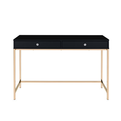 Bureau rectangulaire avec piètement en métal fini or, fini noir lustré, 2 tiroirs entièrement intérieurs, glissières latérales métalliques 3/4, butée pour un espace de travail avec piètement et finition brillants, tiroirs de rangement.