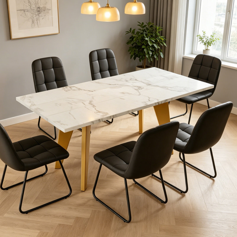 Ensemble de salle à manger de luxe 7 pièces, table en bois aggloméré aspect marbre blanc avec pieds en métal doré et 6 chaises capitonnées en polyuréthane pour la cuisine et la salle à manger
