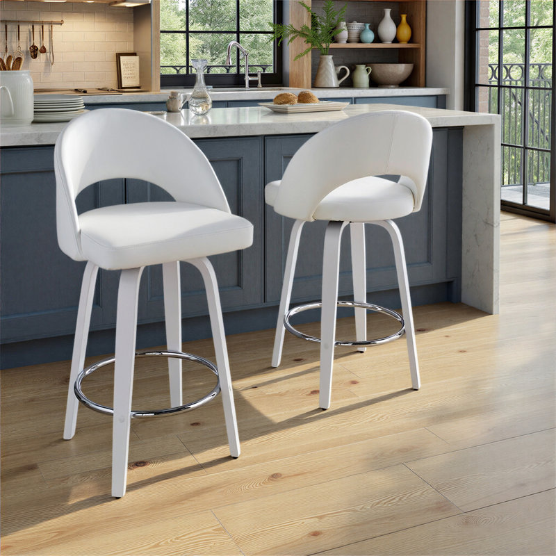 Tabouret de comptoir à hauteur fixe avec pivot en bois blanc et similicuir blanc avec repose-pieds rond chromé - 2 pièces