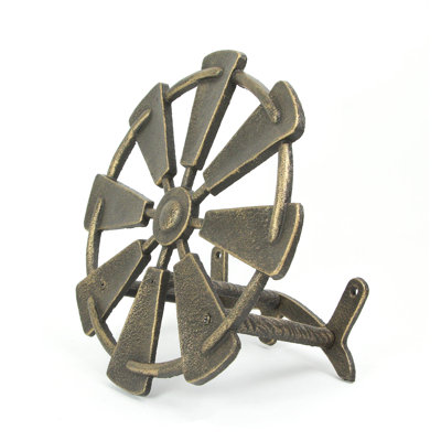 Farmhouse bronze finish cast iron windmill wall mounted garden hose holder — 12 in. diameter, holds 75 ft.