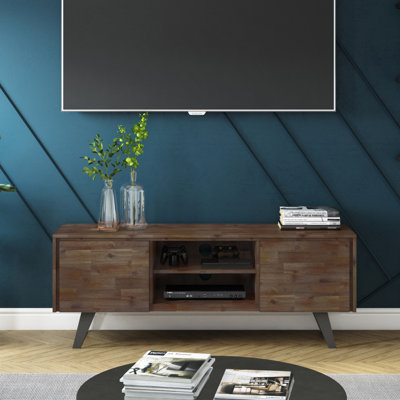 Lowry 63"W Solid Acacia Wood Industrial TV Stand for TVs up to 70" with 2 Cabinets and Open Shelf