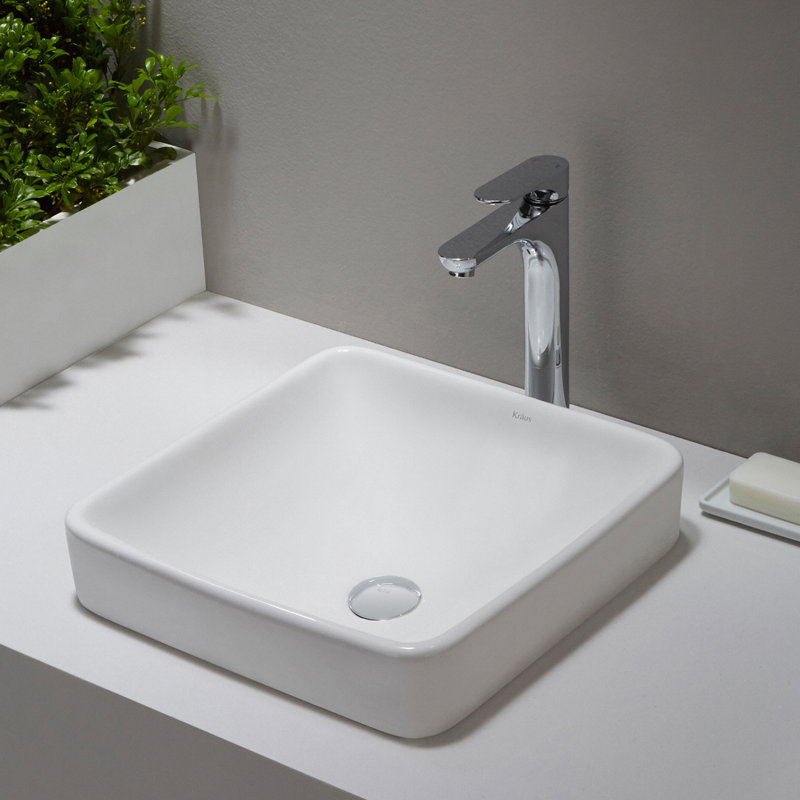 Elavo Ceramic Square Drop-In Bathroom Sink with Overflow, Chrome