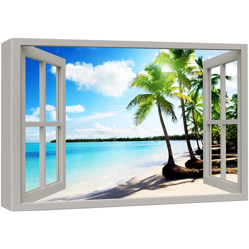 Ciel nuageux, bleu sarcelle, plage tropicale, palmiers, nature, sur toile, H 12 po x l 18 po x P 1,5 po