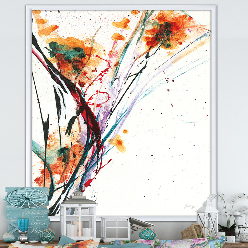 Cadre photo « abstract handpainted orange florals », reproduction sur toile, H 20 po x l 12 po x P 1po, Cadre blanc