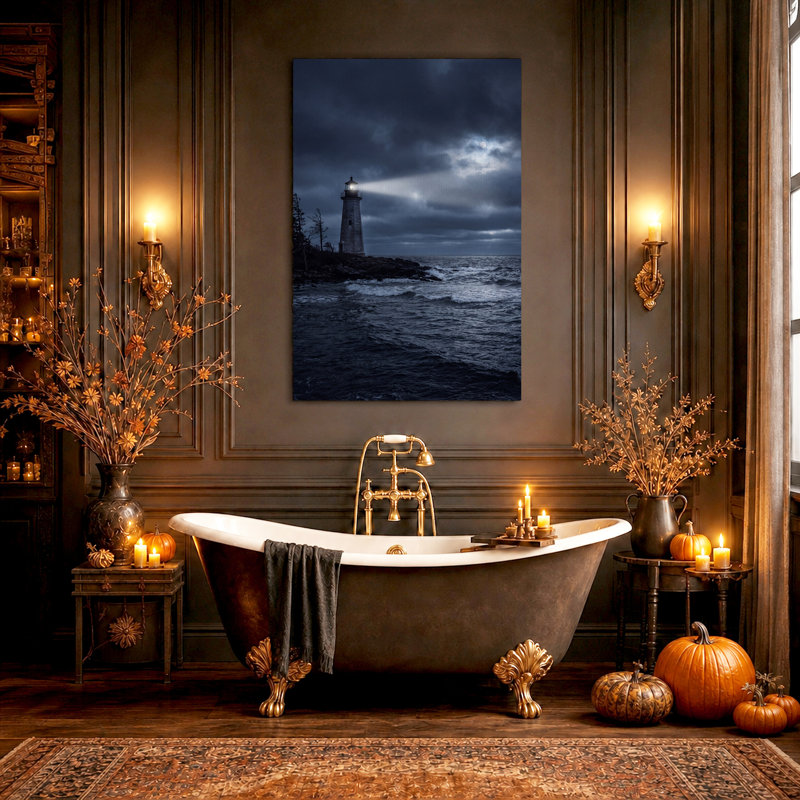Art mural sur toile, phare au clair de lune sur la côte rocheuse, 36"H x 24"W