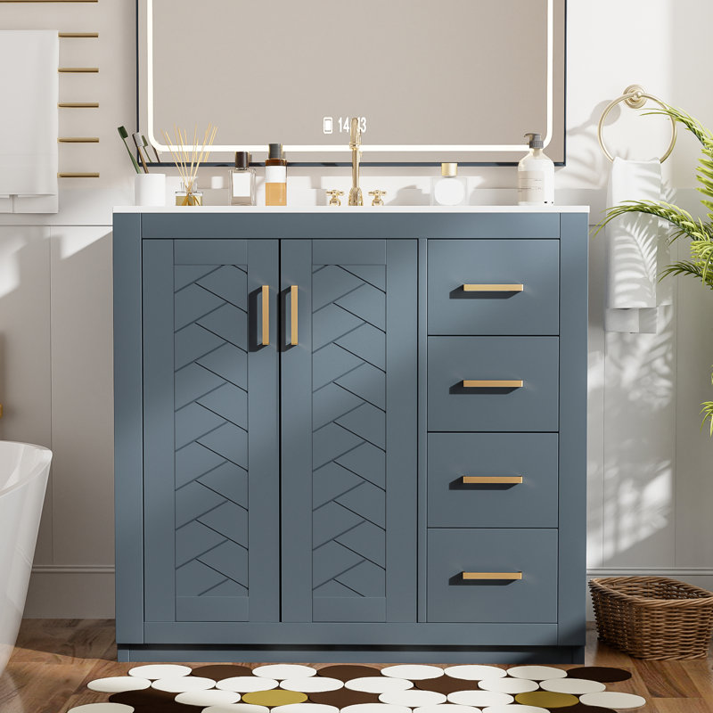 Armoire de salle de bain 36 po avec lavabo en céramique, planches, glissière à tiroir lisse, rangement multifonctionnel, cadre moderne en bois massif, rangement spacieux pour les articles, portes à fermeture douce, design rétro