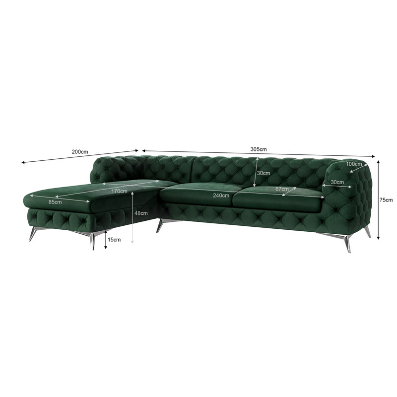 Chesterfield Corner Chaise Sofa  with Silver Metal Legs, Bottle Green, Left Hand Facing