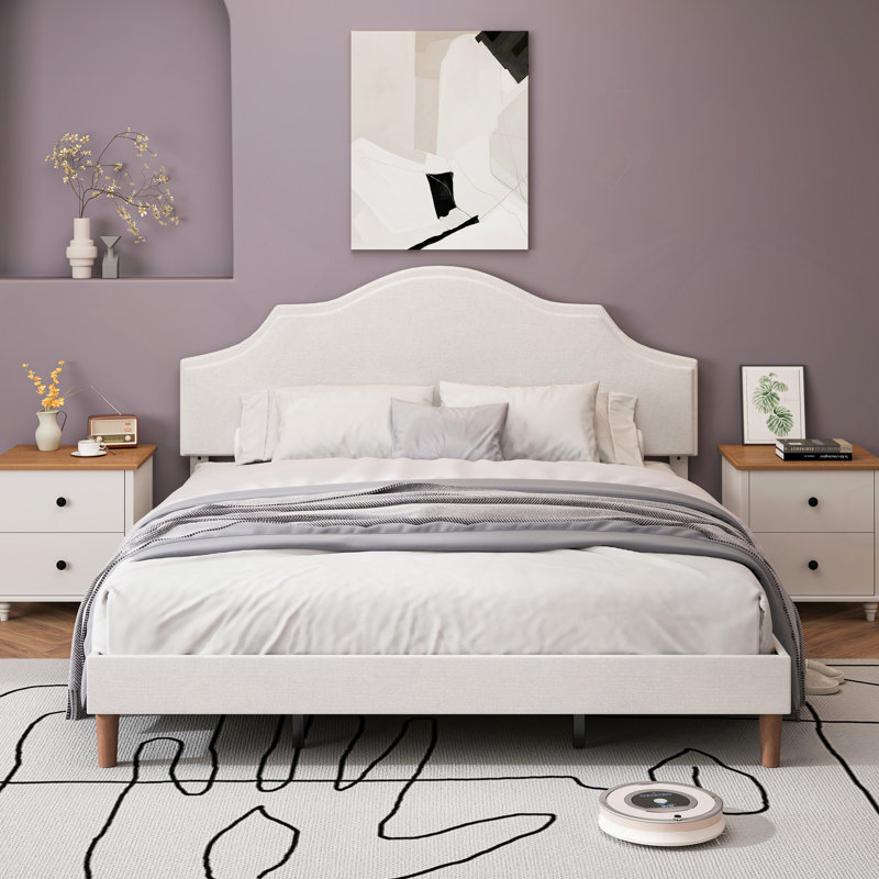 Lit plateforme tapissier avec tête de lit ajustable, rembourré en tissu de lin, lit plateforme de style simple et moderne sans sommier, assemblage facile