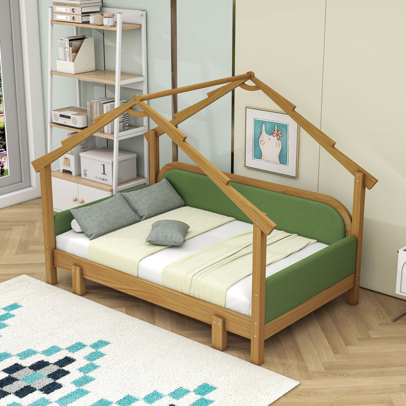 Lit simple en bois avec rails rembourrés, Vert