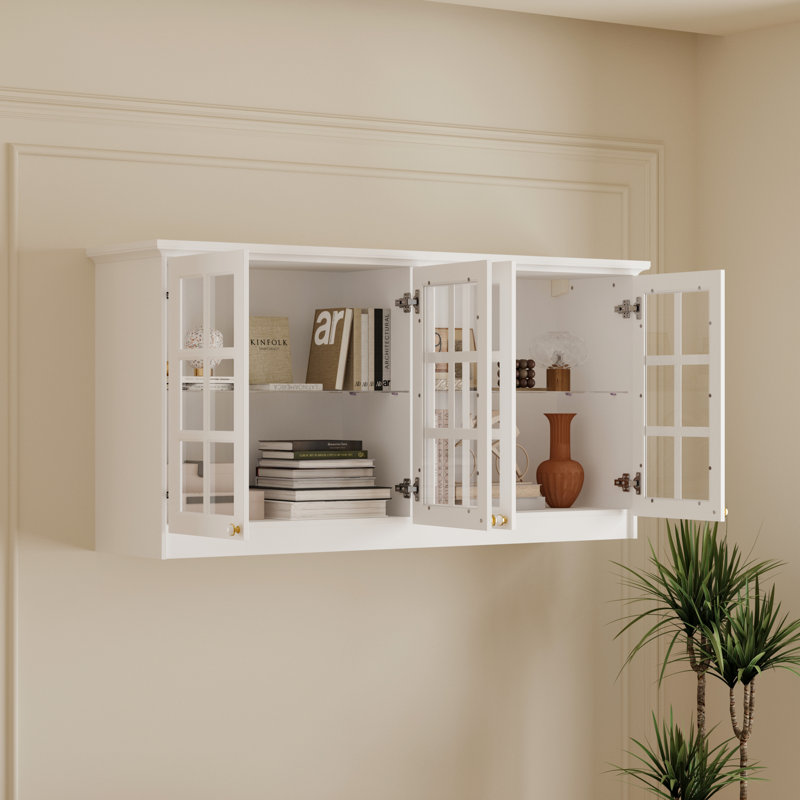 Bibliothèque murale symétrique 31,5 "x l 63" avec portes et tablettes en verre