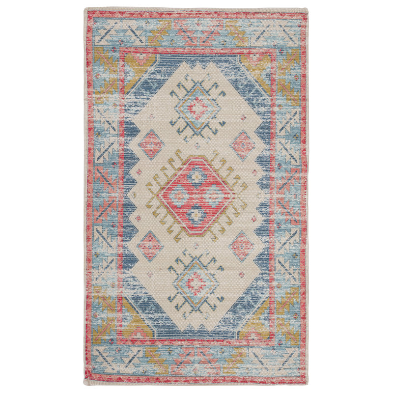 Tapis crème / bleu en coton tissé à la main Joppatowne, Rectangle 4 pi x 6 pi