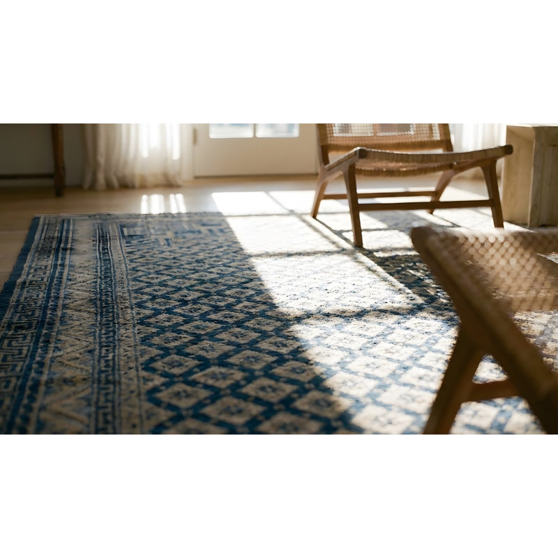 Tapis bleu antique rectangulaire en laine noué à la main à motif géométrique années 1920