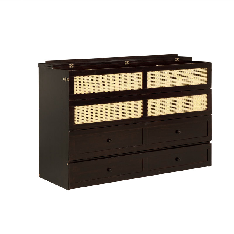 Grand lit escamotable, armoire-lit en bois de pin avec décoration en rotin et tiroir de rangement, brun clair