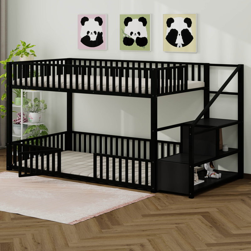 Lit superposé en métal avec échelle de rangement, lit superposé moderne avec barrière de sécurité entièrement fermée, Noir