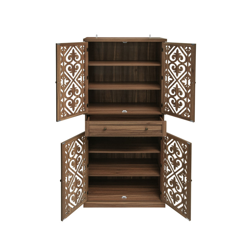 Armoire 4 portes en noyer avec 1 tiroir, capacité de 210 lb, porte à motif symétrique, tablettes intérieures réglables, résistant aux rayures, imperméable, charnière à 180 degrés, charge de 210 lb, 4 portes étincelantes, installation facile, imperméable