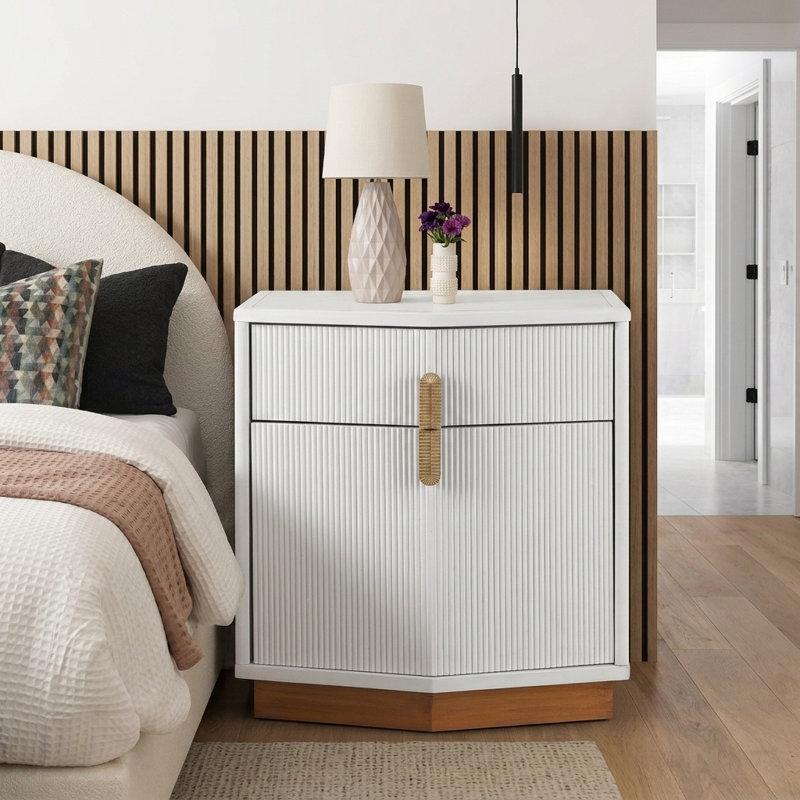 Poole Modern Textured Nightstand With Geometric Top And Dual Storage Drawers, White