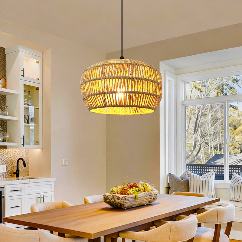 Hand-woven Rattan Pendant Light, Adjustable Height Boho Ceiling Light Fixture For Kitchen Island, Living Room, Bedroom
