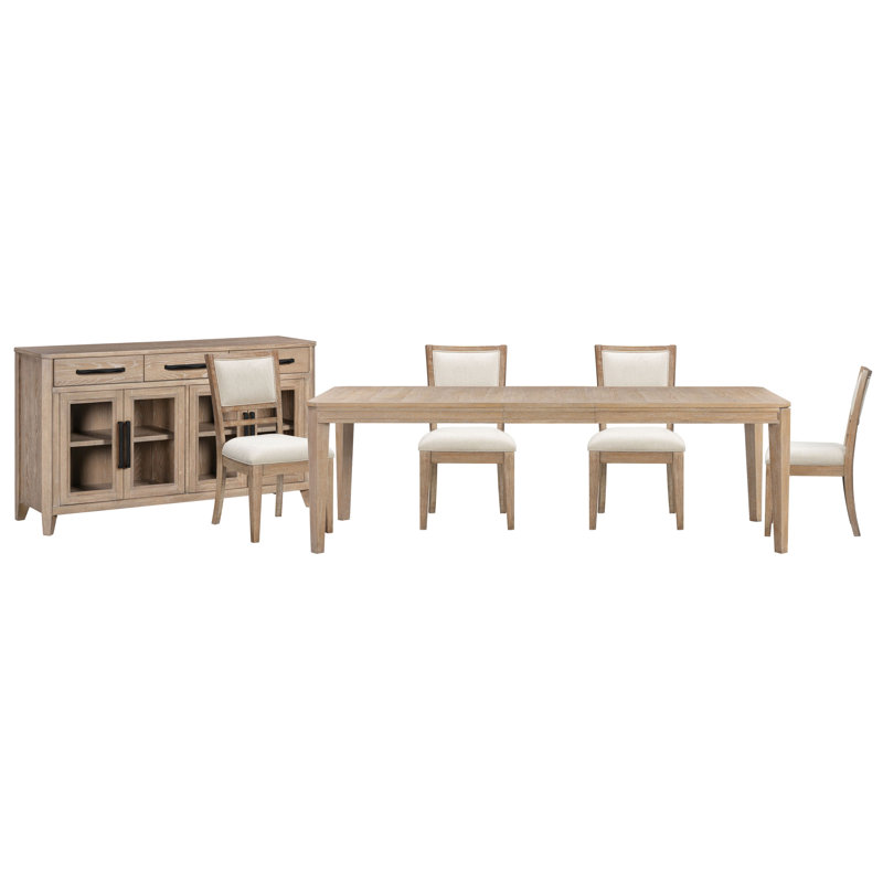 Table rectangulaire de 198 cm avec 4 chaises rembourrées et un buffet., 6 pièces: 4 chaises, buffet, table