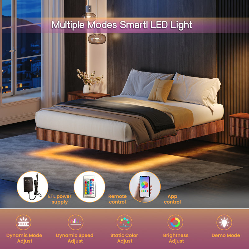 Walnut Queen Floating Bed Frame with LED Lights, Queen