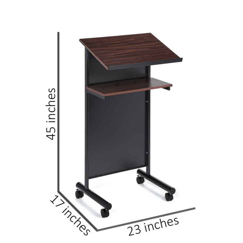 Black and Cherry Metal Standing Desk with Wheels and Shelves