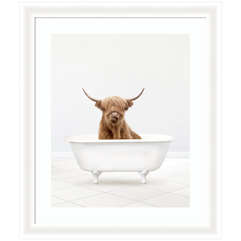 «Highland Cow Solo Bathaign» par Amy Peterson, reproduction d'art encadrée