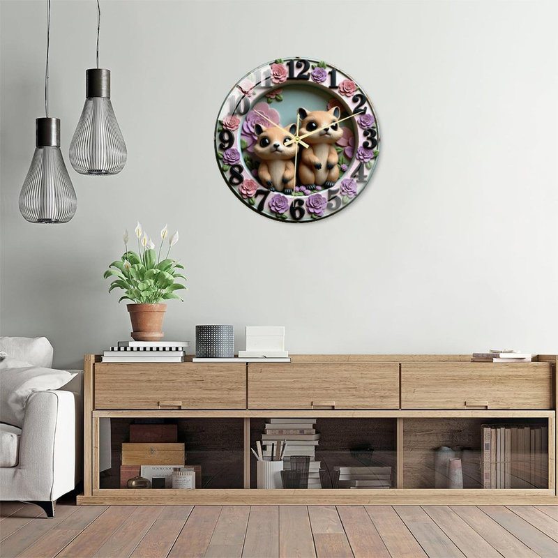 Horloge murale mignonne en forme d'écureuil à motif floral 16 po