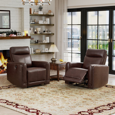 35.83" W Classic Premium Top-Grain Leather Power Reclining Chair With USB & Type-C, Ergonomic Design For Living Room(Set Of 2)